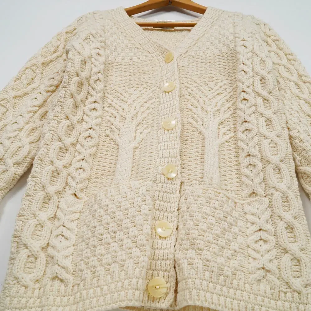 Kilronan Knitwear Ireland Merino Wool Aran Cable Cardigan Cream Size S